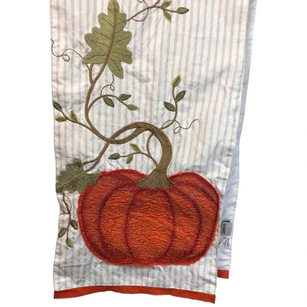 Pier 1 Imports‎ Table Runner 66x13 Pumpkin Stripe Embroidered Fall Thanksgiving